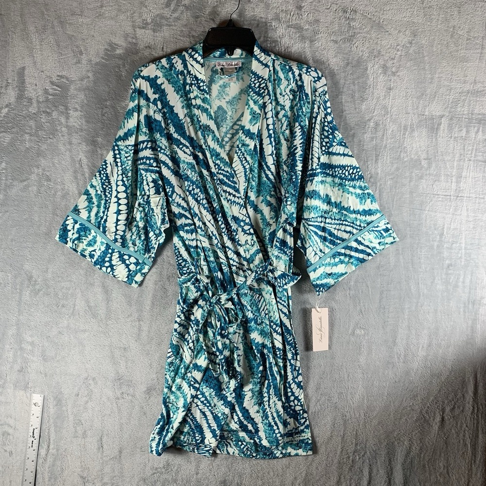 Linea Donatella Women's Robe M Knee Length Blue Turquoise Tie Abstract Kimono